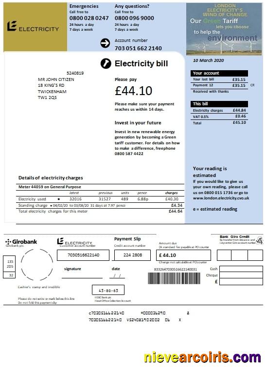 United Kingdom Electricity utility bill